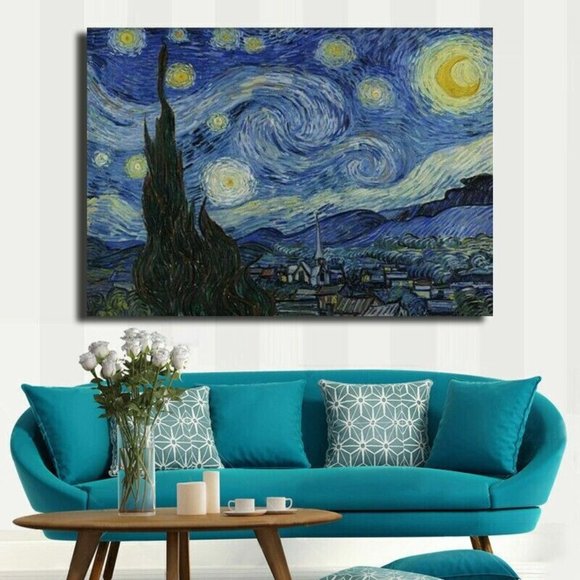 NEW!! HUGE 40"x60" Van Gogh Starry Night Canvas Wall Art Print HAND EMBELLISHED